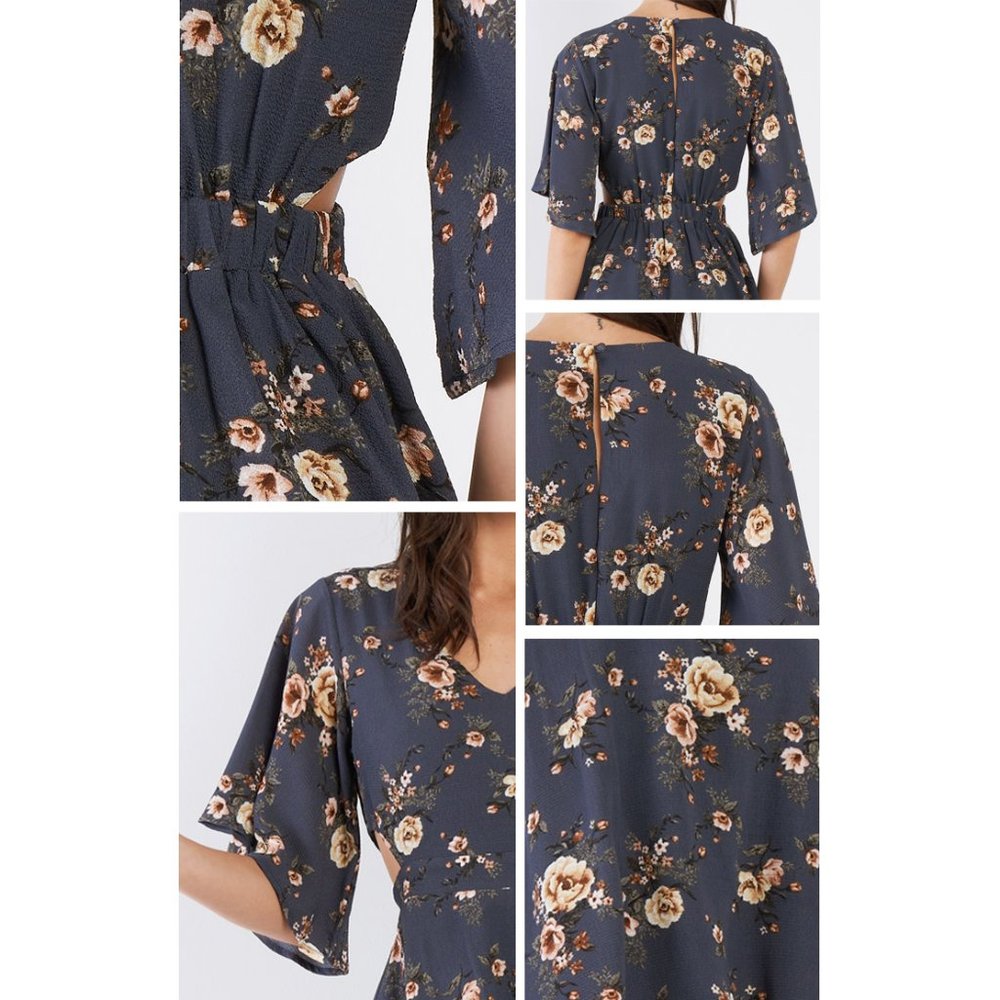 Blue Floral V Neck Kimono Sleeves Fit Flare Dress - Picture 6 of 8